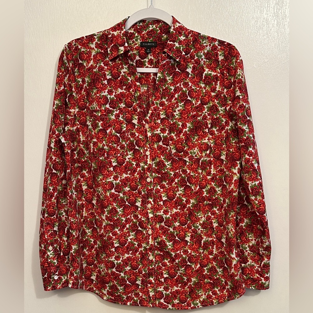 Talbots Womens Medium Roll Sleeve Red Rose Print Button Down Blouse